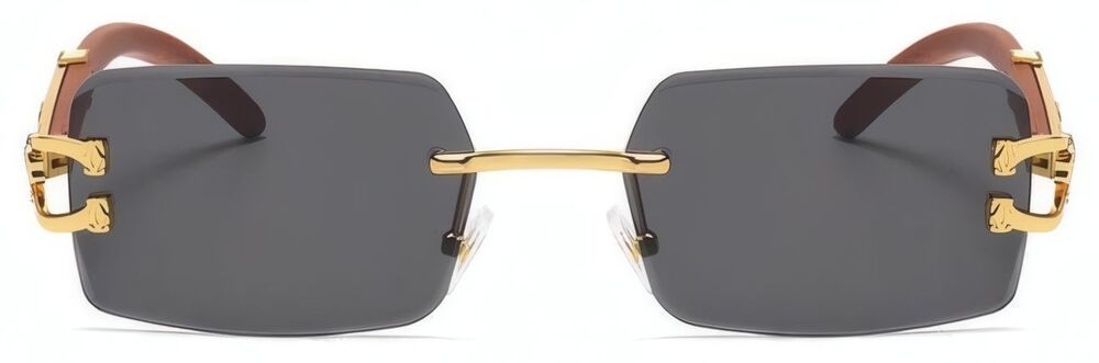 Look Rich Leopard Decor Faux Wood Gold Temple Rimless Hip Hop Black Sunglasses - Picture 4 of 4